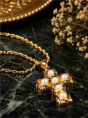 Vintage Gold tone Cross Pendant Necklace with Pearls & Multicolored Gems